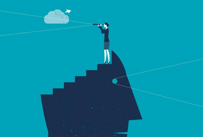 Illustration of woman on mountain with a telescope